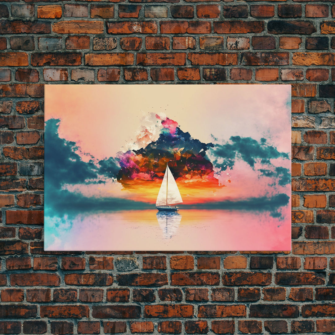 Sailing at Sunset, Watercolor, Framed Canvas Art, Stretched Canvas Print, Nautical Sailing Outrun Style Sunset Art