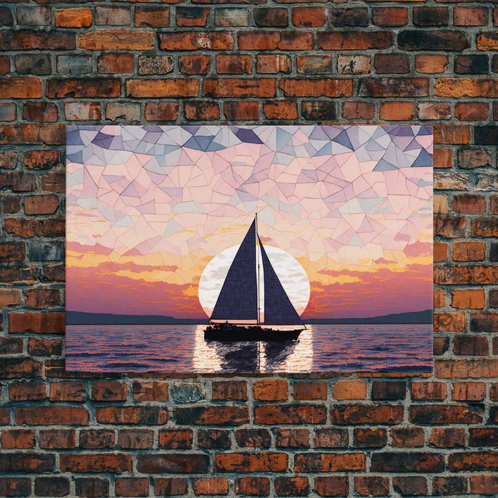 Sailing Under a Stained Glass Sky, Framed Canvas Print, Canvas Art, Nautical Art Deco Style Sunset Art