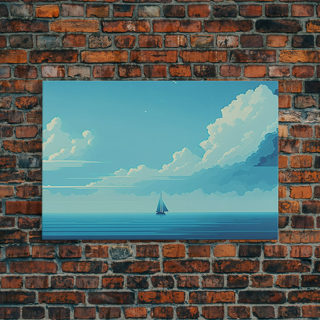 Monochromatic Sail Boat Art, Blue Tones, Framed Canvas Print, Blue Sky and Blue Sea There's Nothing Else For Me