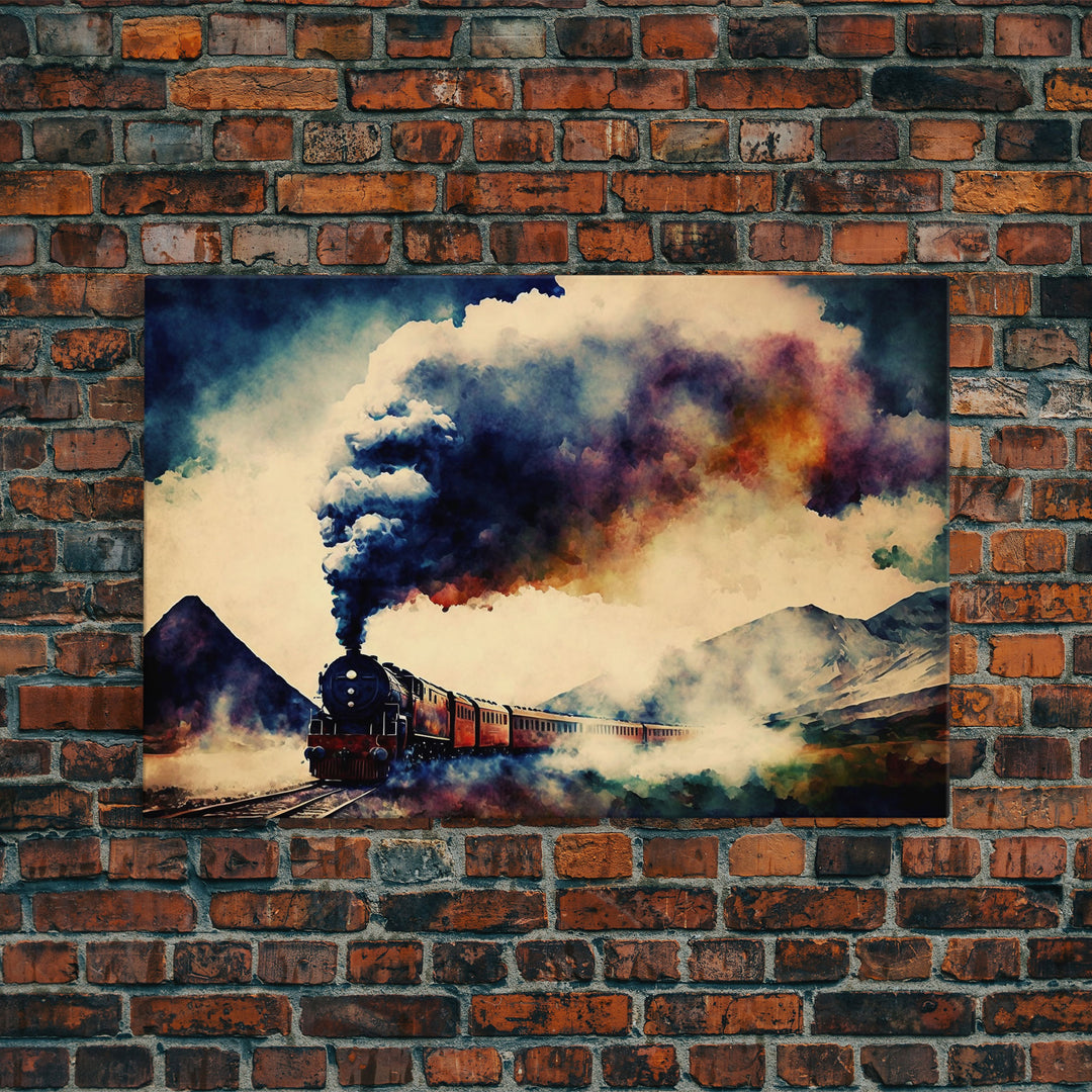 Steampunk Train Watercolor Print, Framed Canvas Art, Wild West 1800s Steam Train, Full Steam Ahead