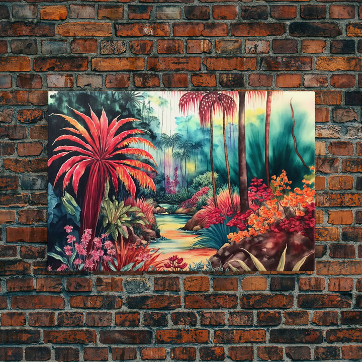 Tropical Jungle Paradise Watercolor, Framed Canvas Print, Canvas Art, Colorful Jungle Painting