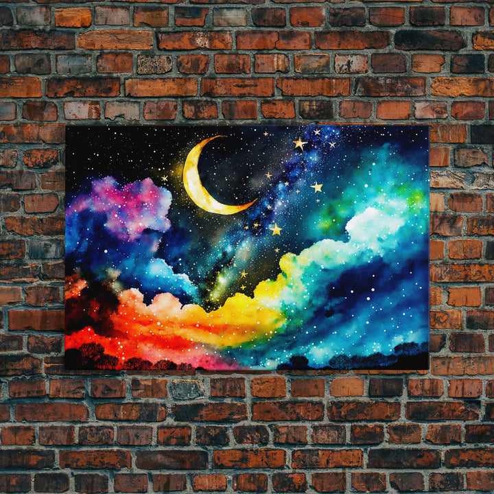 Rainbow Starry Night Sky, Milky Way Galaxy Abstract, Framed Canvas Print, Unique Scifi Space Art, Nursery Art For Kids