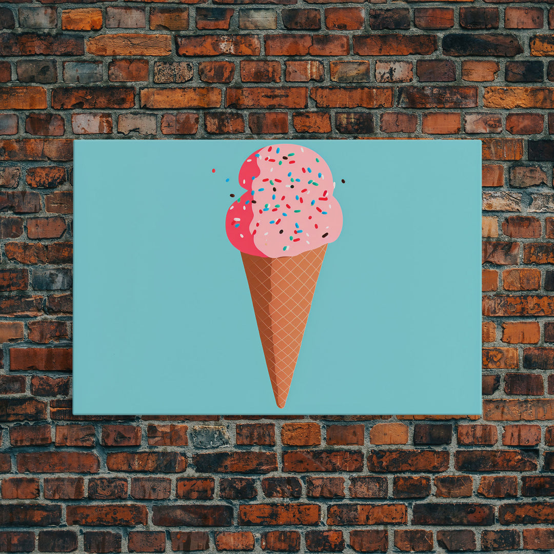 Pop Art Ice Cream Cone With Sprinkles, Retro Style Framed Canvas Print Art, Turquoise Art, Vintage Inspired Ice Cream Shop Wall Art