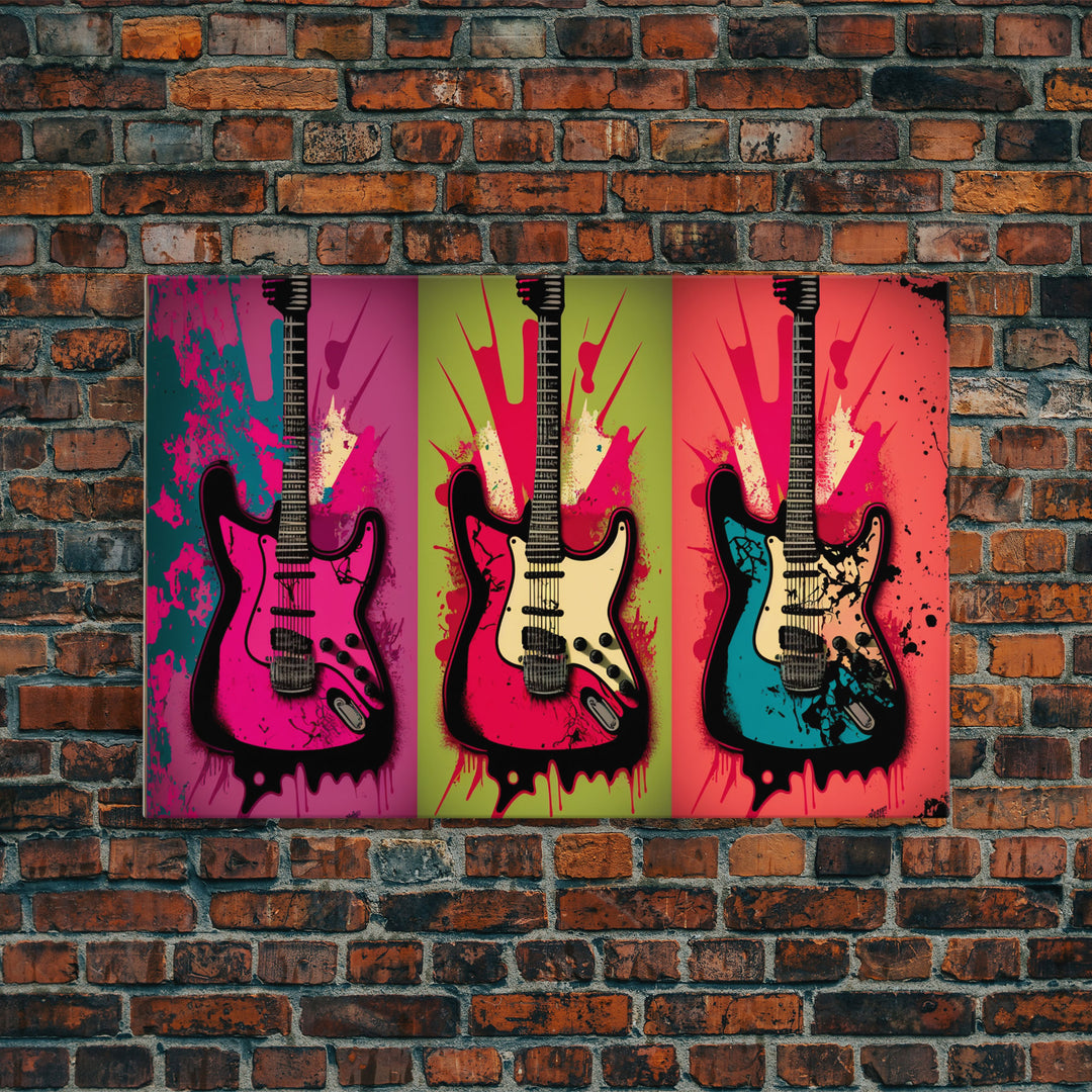 Electric Guitar Pop Art, Instrument Drawings, Framed Canvas Print, Pop Art, Graffiti Splatter Art, Large Living Room Wall Decorr