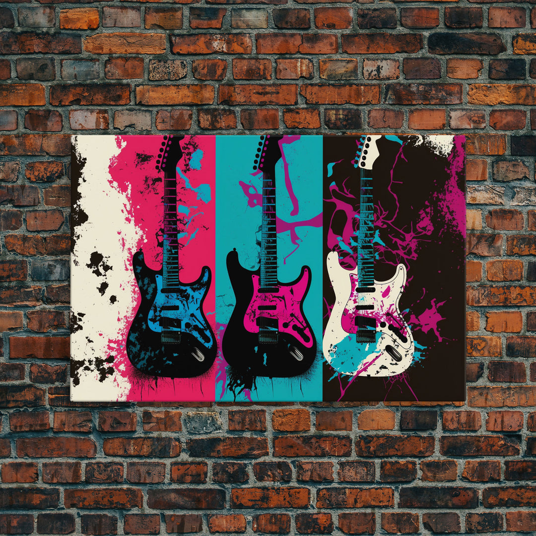 Electric Guitar Graffiti Punk Pop Art, Instrument Drawings, Framed Canvas Print, Pop Art, Splatter Art, Large Living Room Wall Decorr