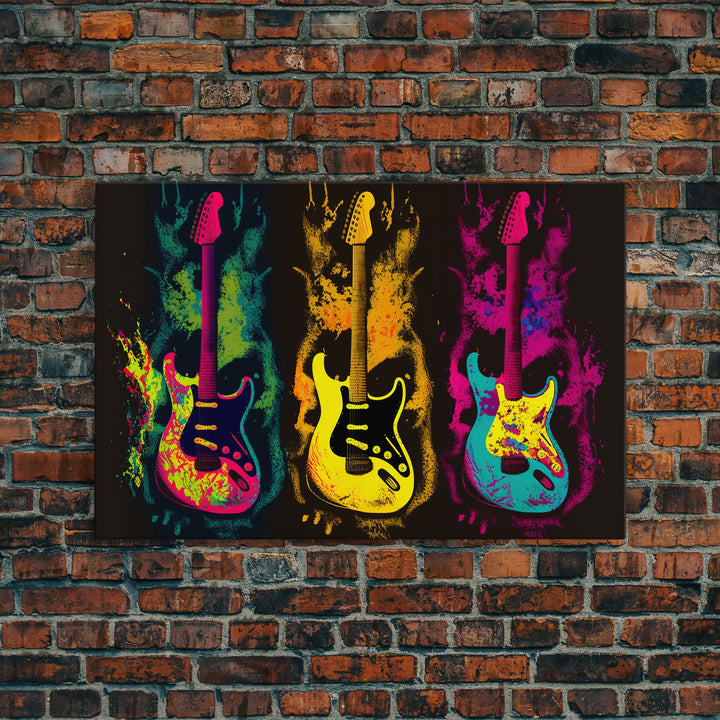 Psychedelic Electric Guitar Graffiti Pop Art, Instrument Drawings, Framed Canvas Print, Pop Art, Splatter Art, Large Living Room Wall Decorr