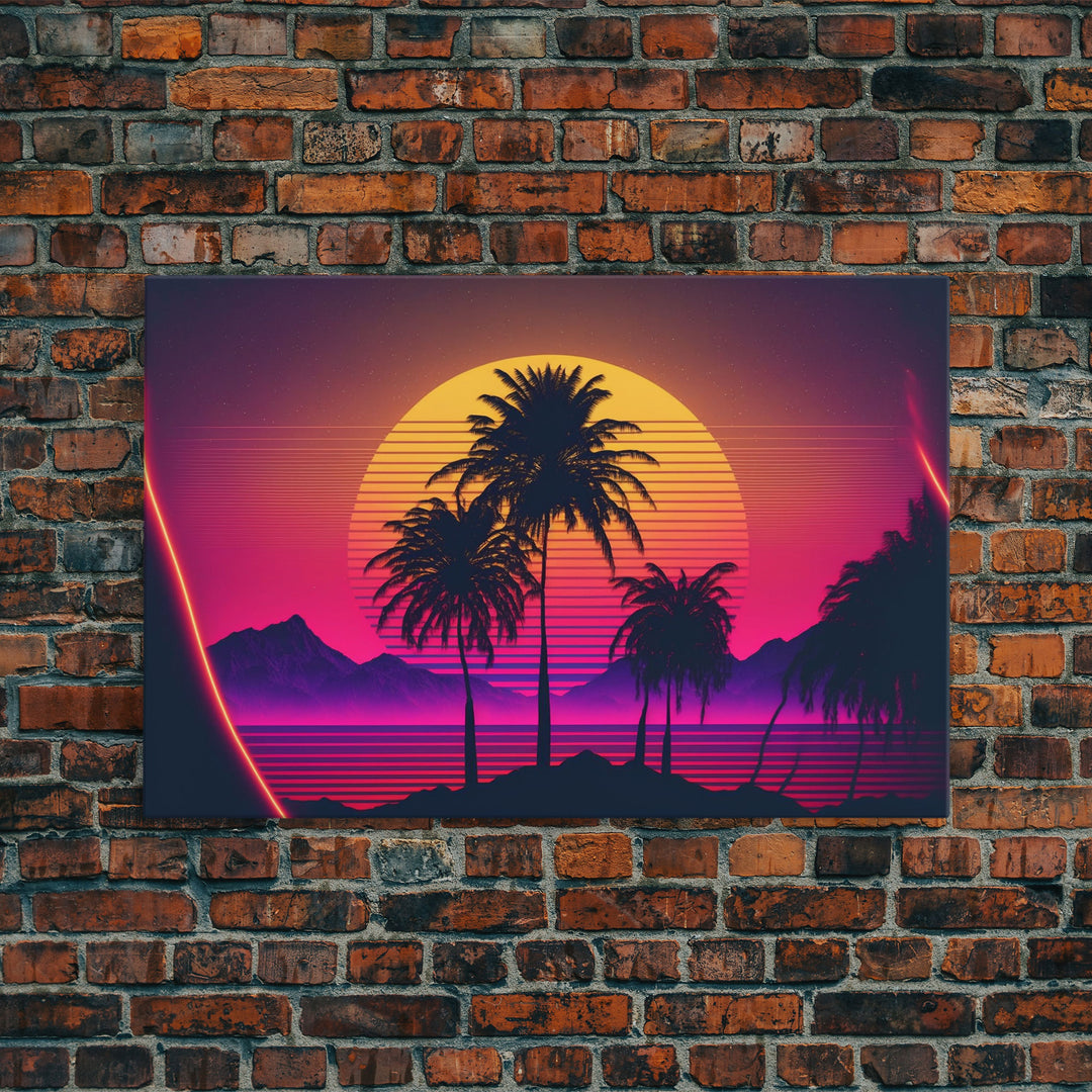 Synthwave Sunset Behind Beautiful Palm Trees, 1980s Style Retro Home Decor, Framed Canvas Print