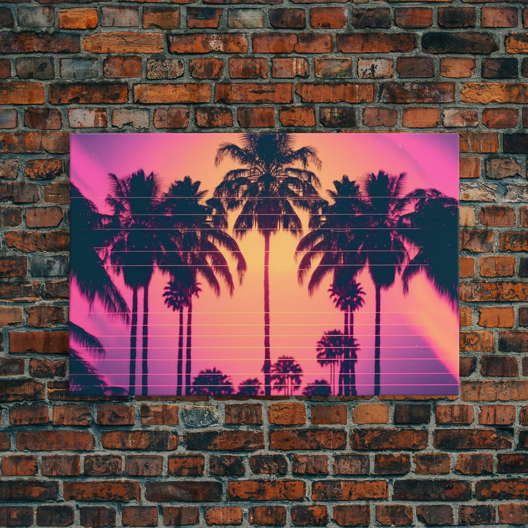 Synthwave Sunset Art, Framed Canvas Print, Palm Tree 80s Vibe Wall Art