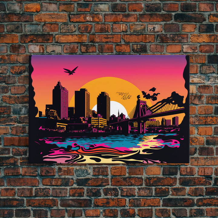 Beautiful Portland, Oregon Retro Synthwave Style Sunset Art, Framed Canvas Print, Pacific Northwest City Art