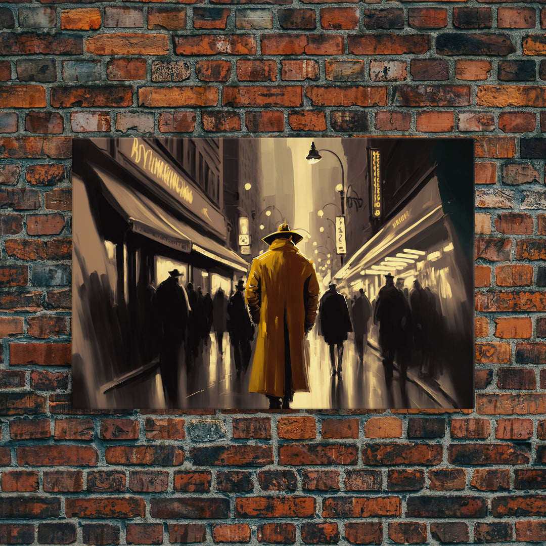 The Man in The Trench Coat, Framed Canvas Print, Time Lapse Watercolor Painting, Subdued Office Wall Art, Noir Art