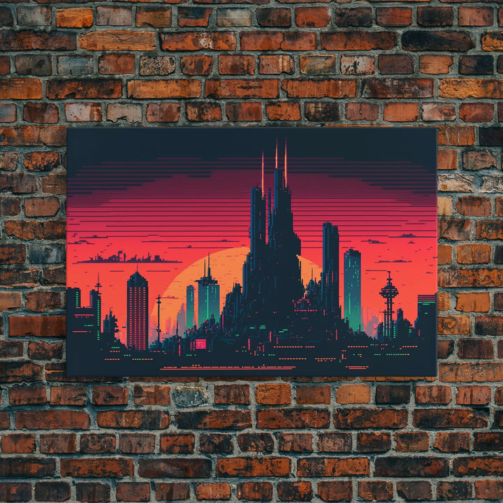 Outrun Style Pixel Art Futuristic Cyberpunk City Skyline at Sunset, Concept art, framed canvas print, dystopian art