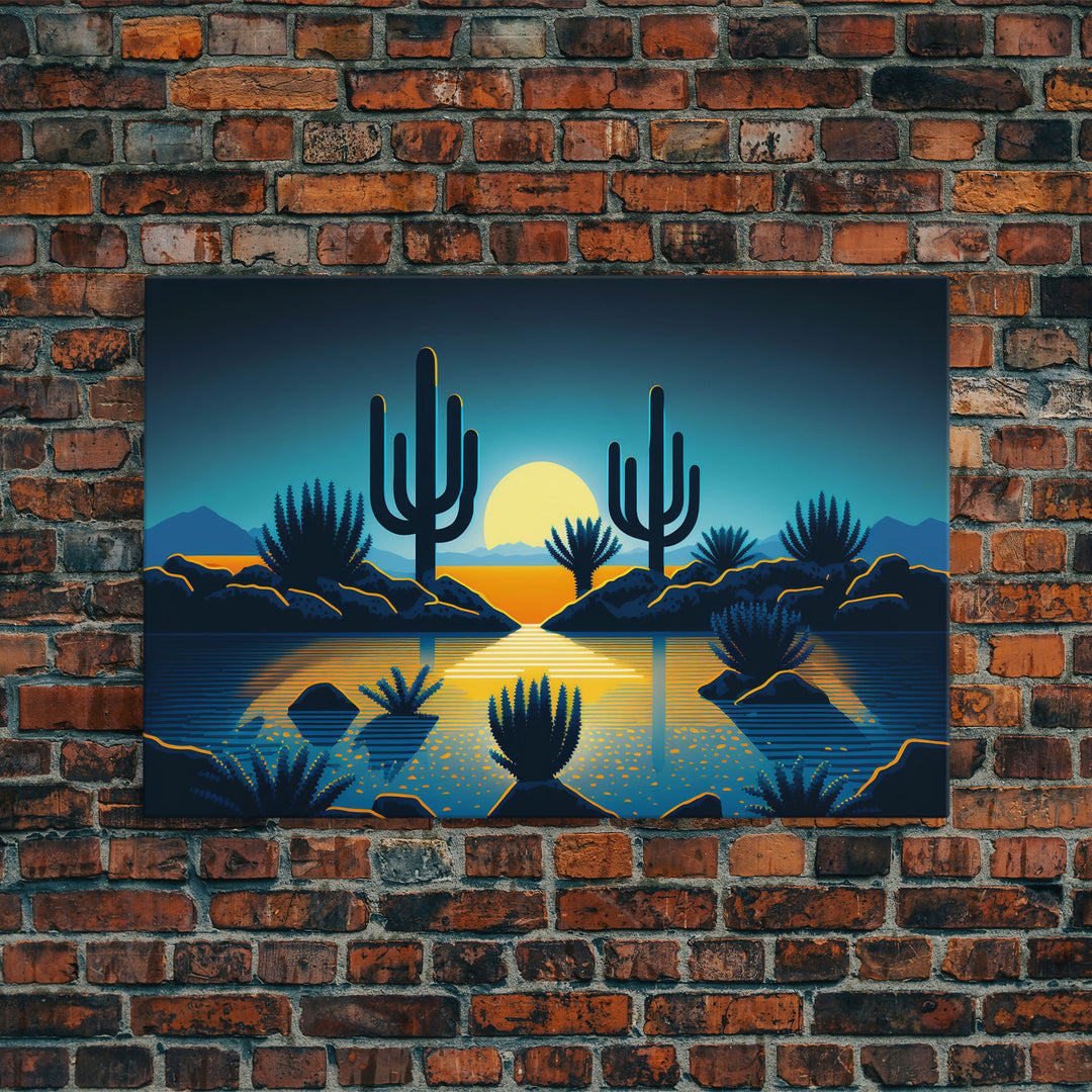 Retro Art Deco Style Pueblo Desert Art, Cactus Desert Landscape under a Full Moon, Framed Canvas Print, Cute Western Decor