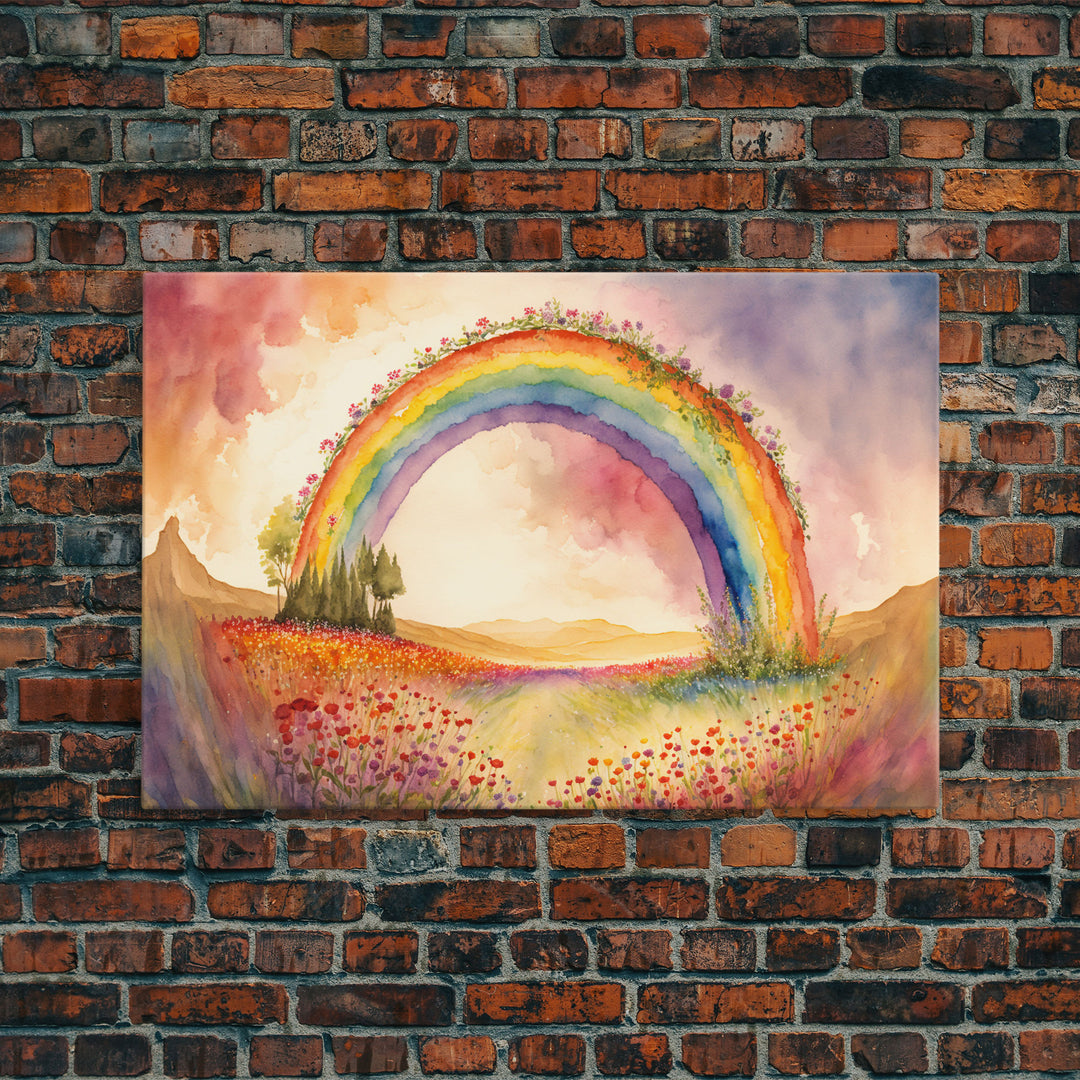 Watercolor of a Rainbow With Flowers, Framed Canvas Print, Framed Wall Art, Huge Framed Living Room Wall Decor, Rainbow and Flowers, Floral