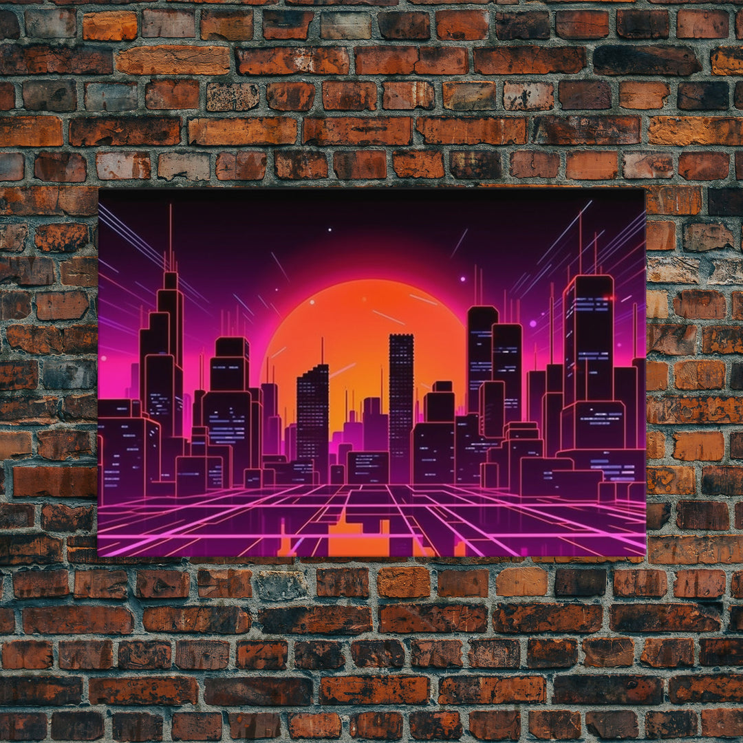 City Wall Art | Framed Canvas Print | Living room art | Lines | Retro | Wonderful art | Landscape | Outrun Style | Futuristic | Synthwave