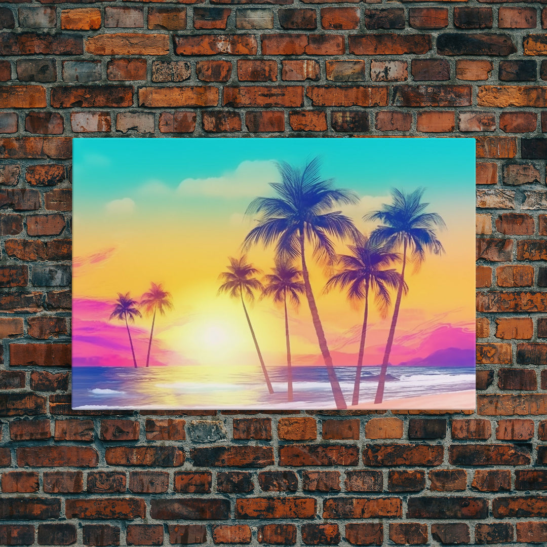 Colorful sunset Wall art, Framed Canvas Print, Synthwave Style, Guest room art, Pop Art Style, Watercolors, Beautiful art, Tropical Art