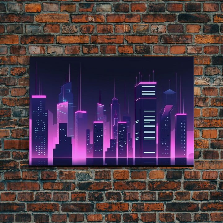 Big City Wall Art | Framed Canvas Print | Living room art | Office decor | Buildings | Outrun Style | Landscape | Night | Pop Art | City