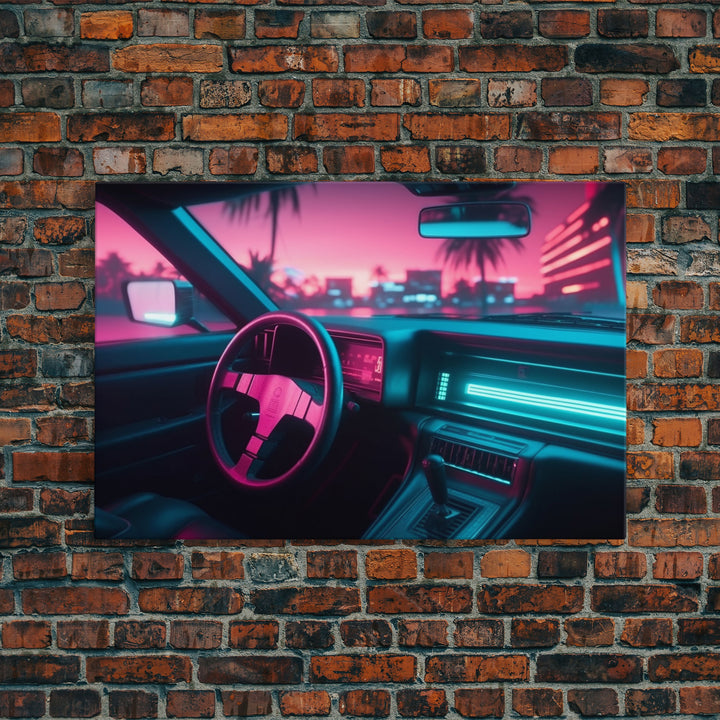 Car interior Wall Art | Framed Canvas Print | Living room art | Neon Lights | Outrun Style | Guest room art | Retro art | Beautiful Art