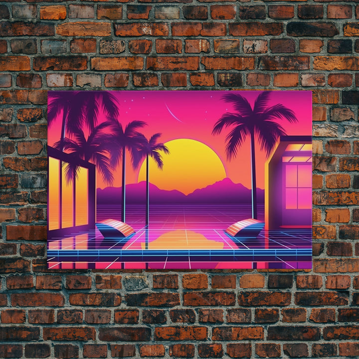 Sunset Penthouse Wall Art, Framed Canvas Print, Pop Art Style, Synthwave Style, Living room art, Colorful painting, Pink colors, Hot sunset