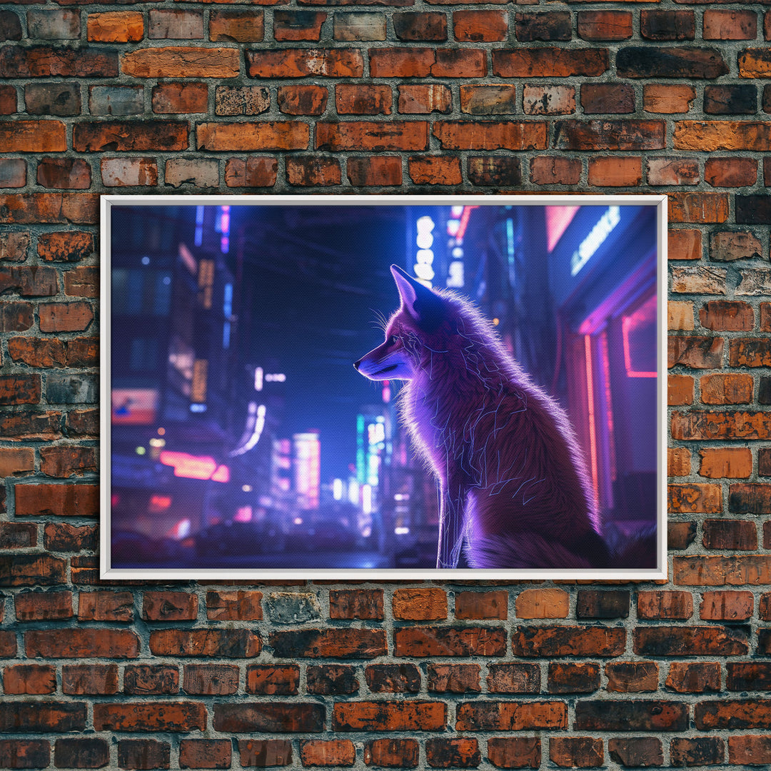 Alley Fox, Cyberpunk city, framed canvas print, urban decay art