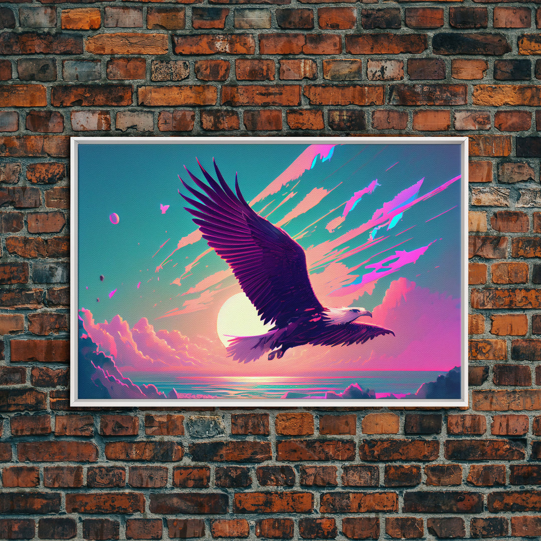 Bald eagle in flight, vaporwave sunset, vaporwave art, framed canvas print, pink and turquoise art