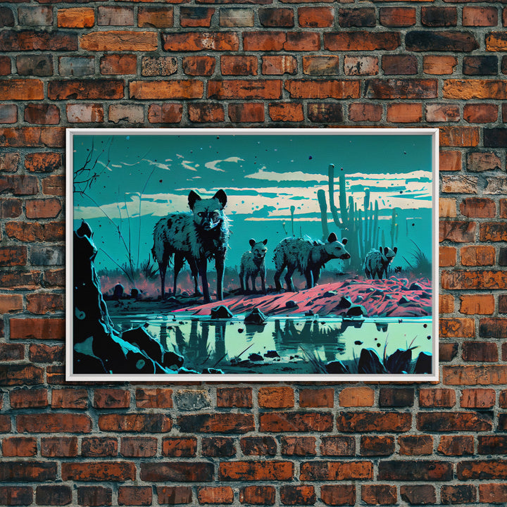 Hyenas at midnight, turquoise vaporwave art, framed canvas print