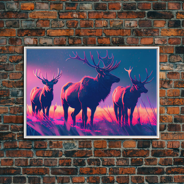 Vaporwave landscape, Elk in the plains at sunset, framed canvas art, canvas print, framed wall art