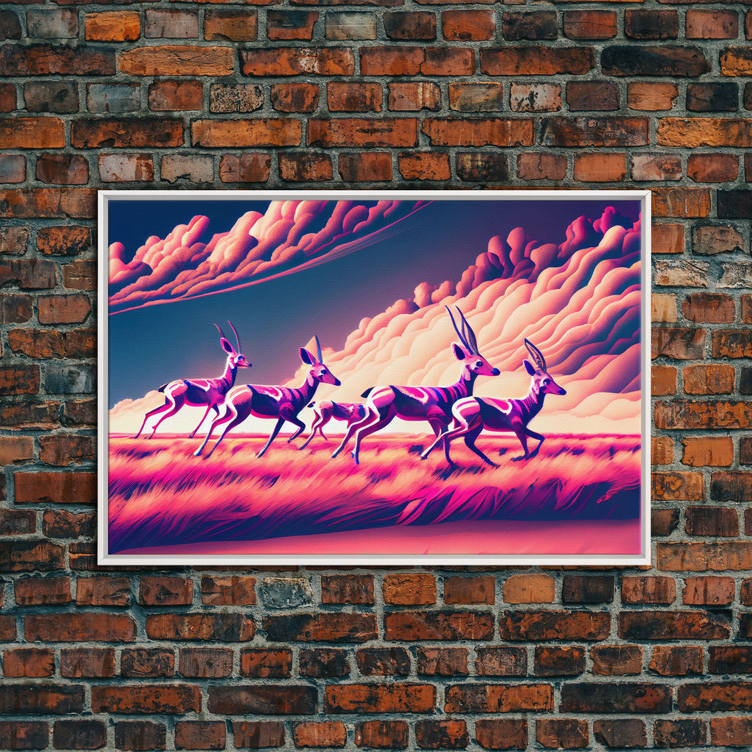 Herd of African Gazelles, vaporwave art, synthwave aesthetic nature print, framed canvas print