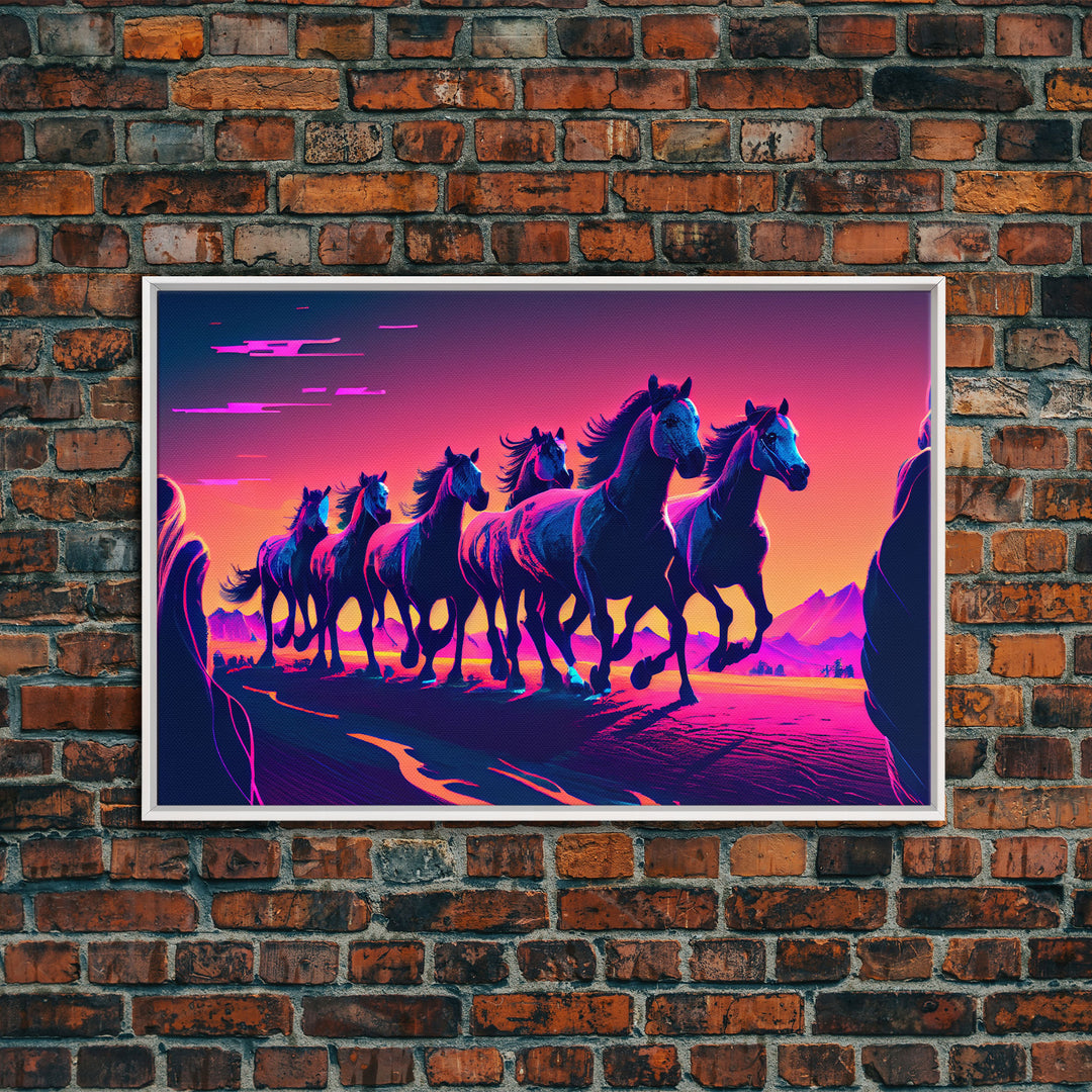 Herd of Wild Horses, American Western decor, framed canvas print, synthwave animal art