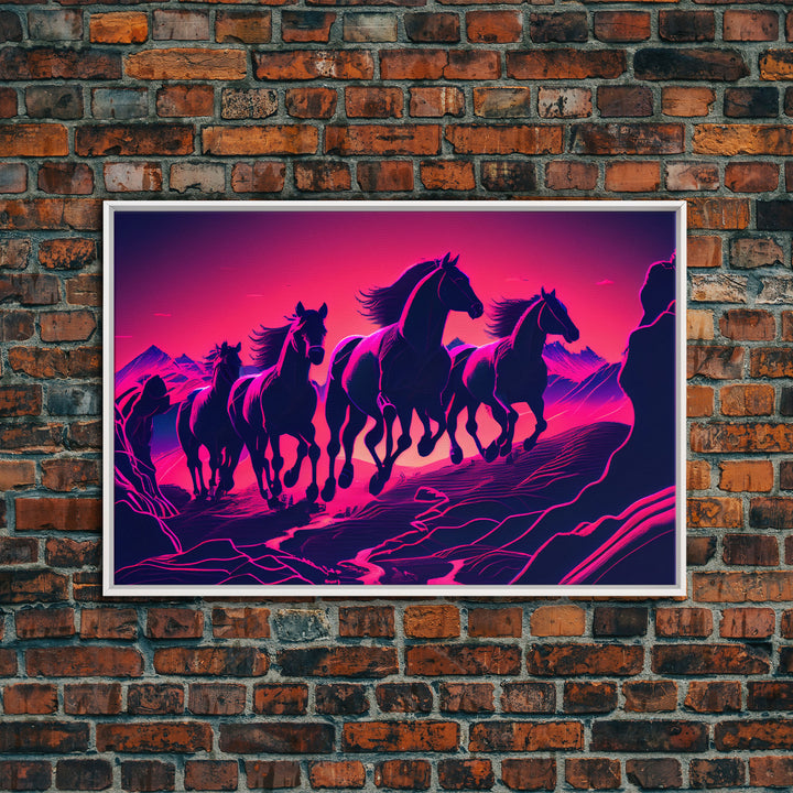 Pack of Wild Horses, American Western decor, framed canvas print, synthwave animal art