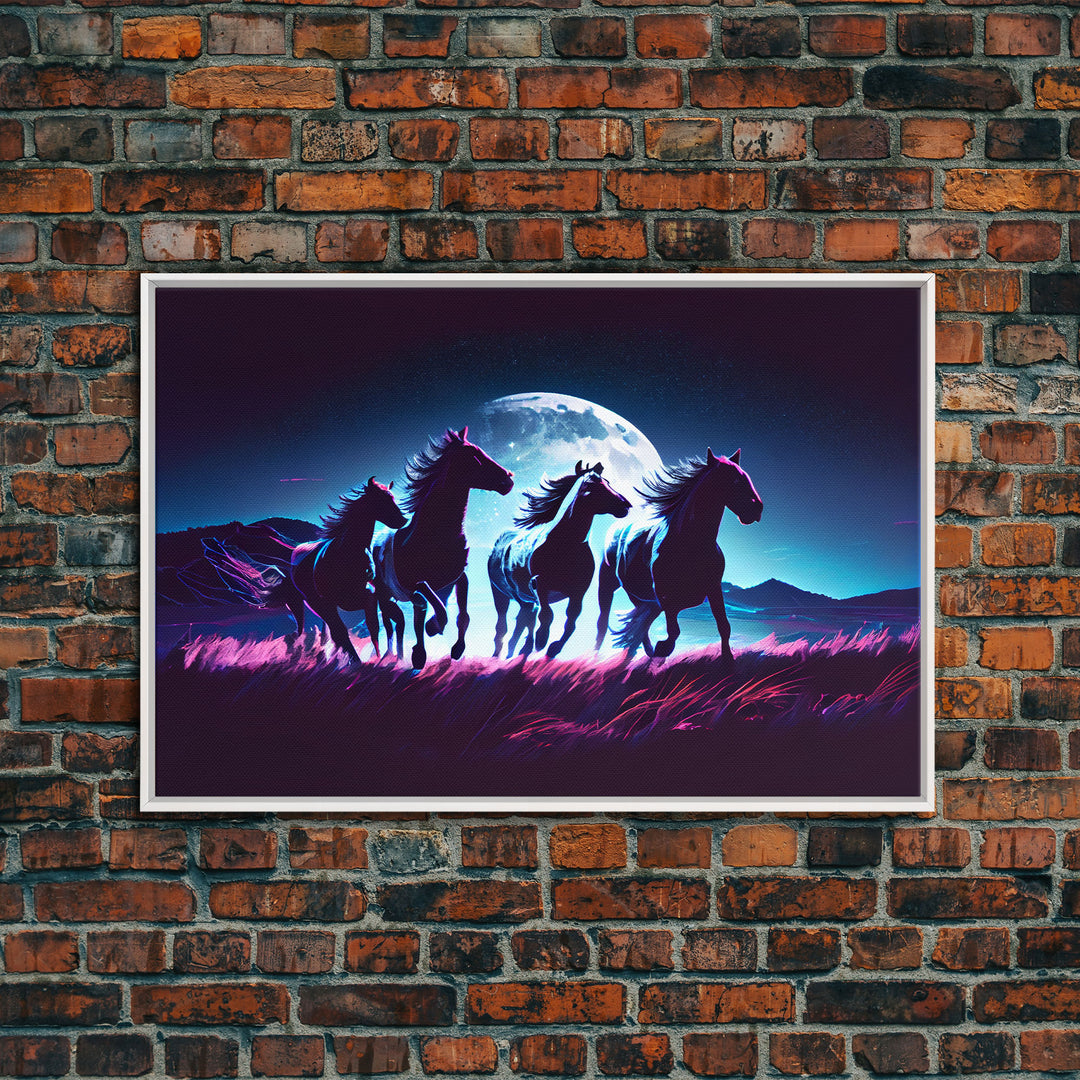 Wild horses running in the moonlight, vaporwave art, framed canvas print