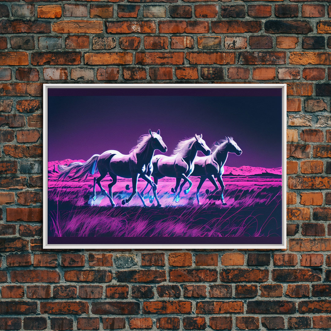 Pastel Wild horses running in the moonlight, vaporwave aesthetic art, framed canvas print