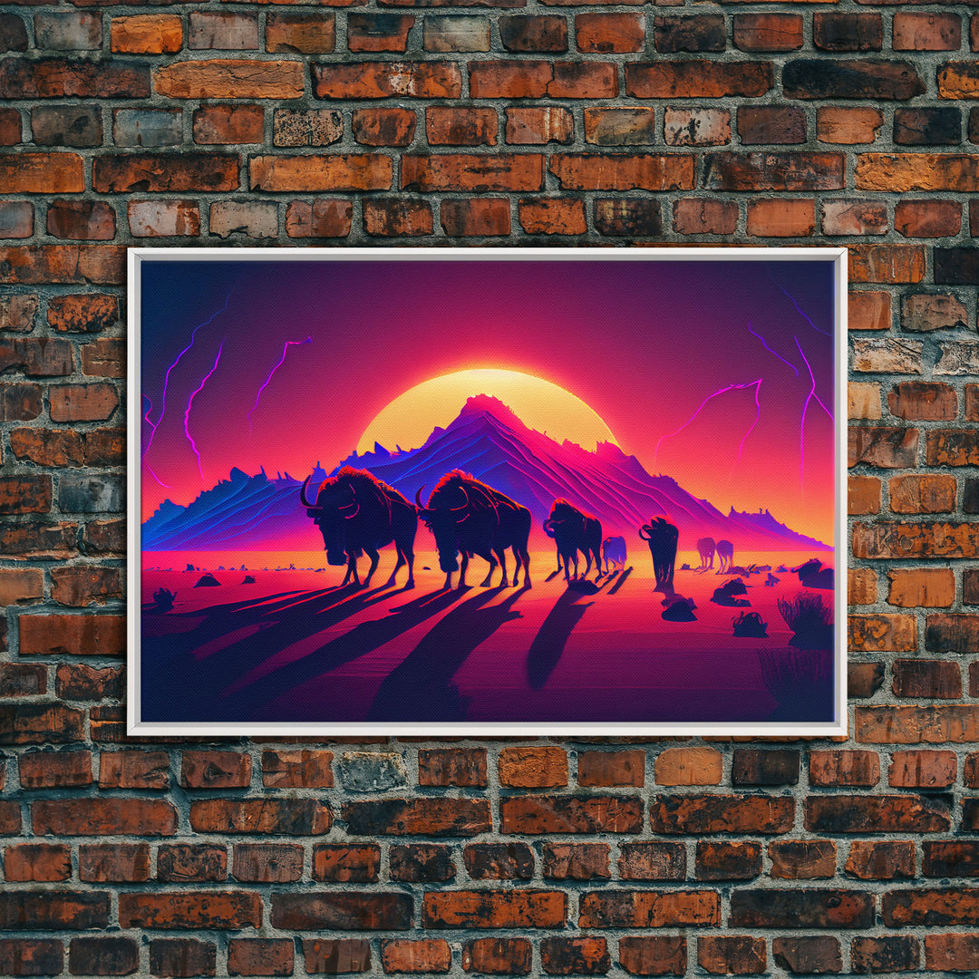 Synthwave American Buffalo, Retrowave art, herd of Bison and a setting sun, framed canvas print