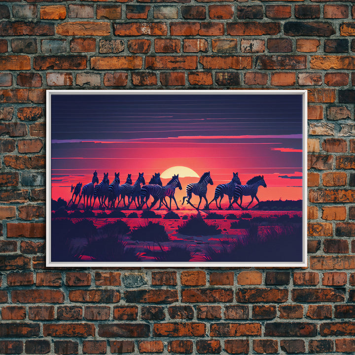 Herd of wild zebra against a beautiful African sunset, framed canvas print