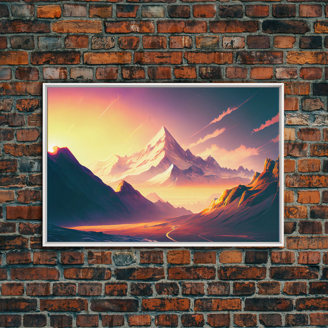 Watercolor mountain at sunset, pastel, subdued colors, framed canvas print