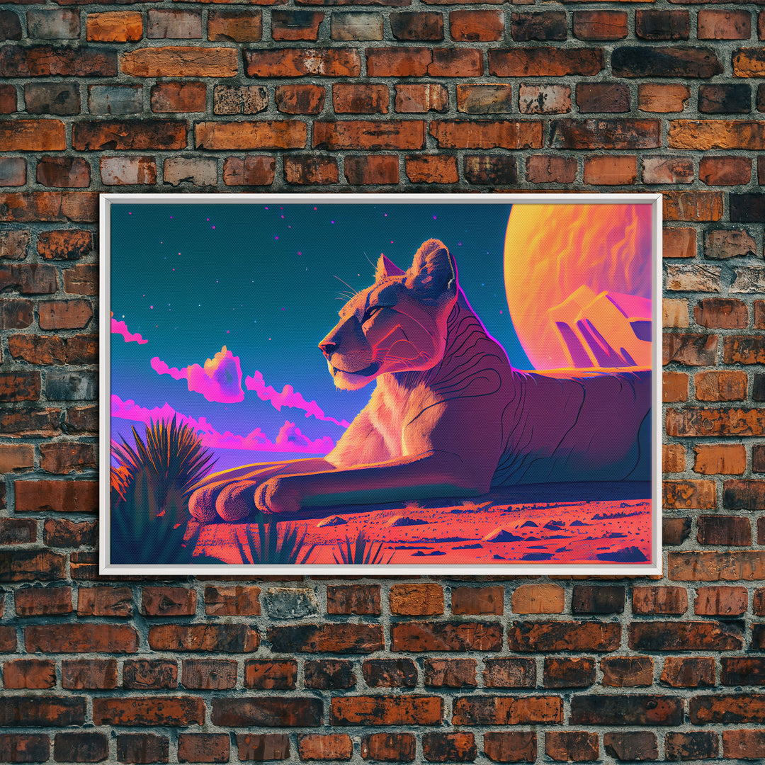 Lioness synthwave art, framed canvas print, beautiful pastel lion art