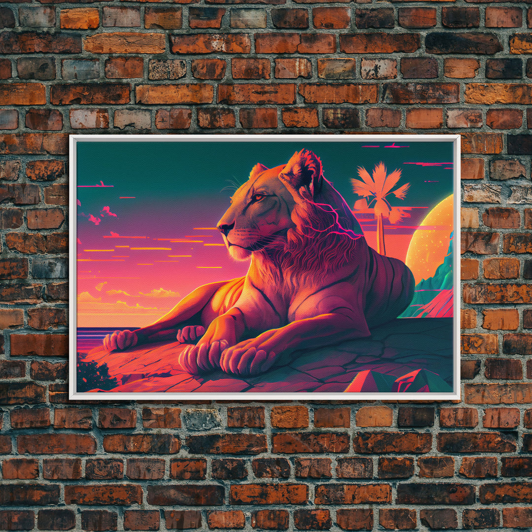 Lion contemplating life on a cliff, vibrant and colorful synthwave retro style art, framed canvas print