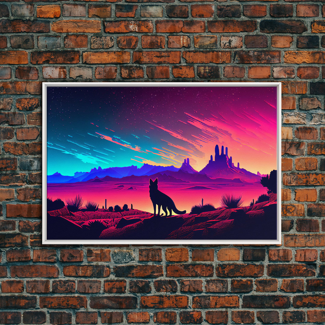 Cute fox in an Arizona desert landscape, framed canvas print, framed wall art, synthwave art