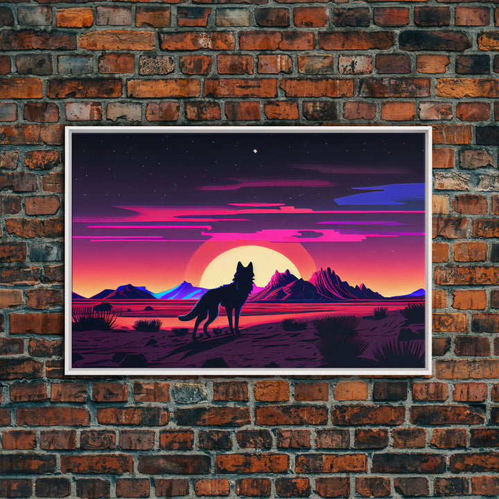 Cute fox in a Utah desert landscape, framed canvas print, framed wall art, synthwave art