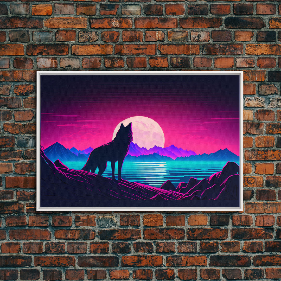 Wolf Silhouette Full Moon Purple Sky Ocean Sea Landscape Wall Art Print, Fine Art Print, Wall Decor, Wall Poster