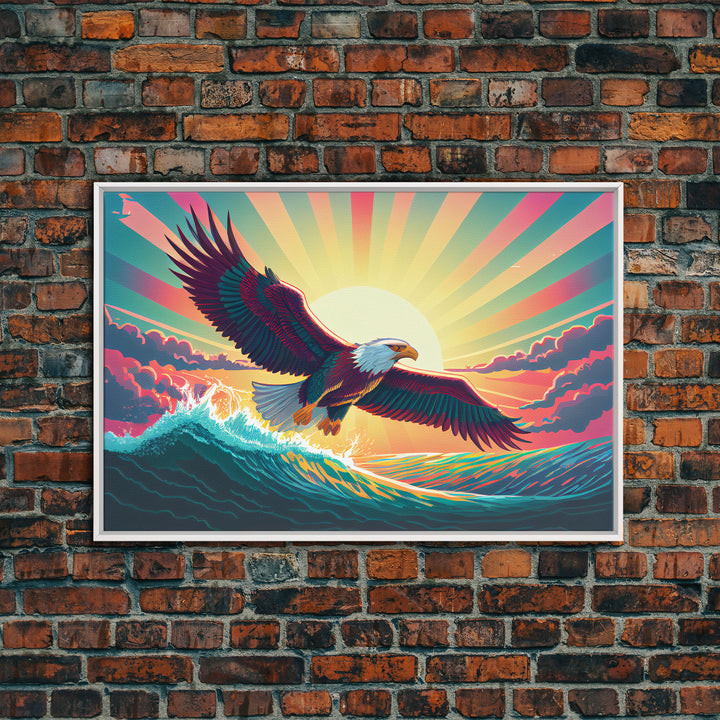 Retrowave bald eagle, pastel sunset, framed canvas print