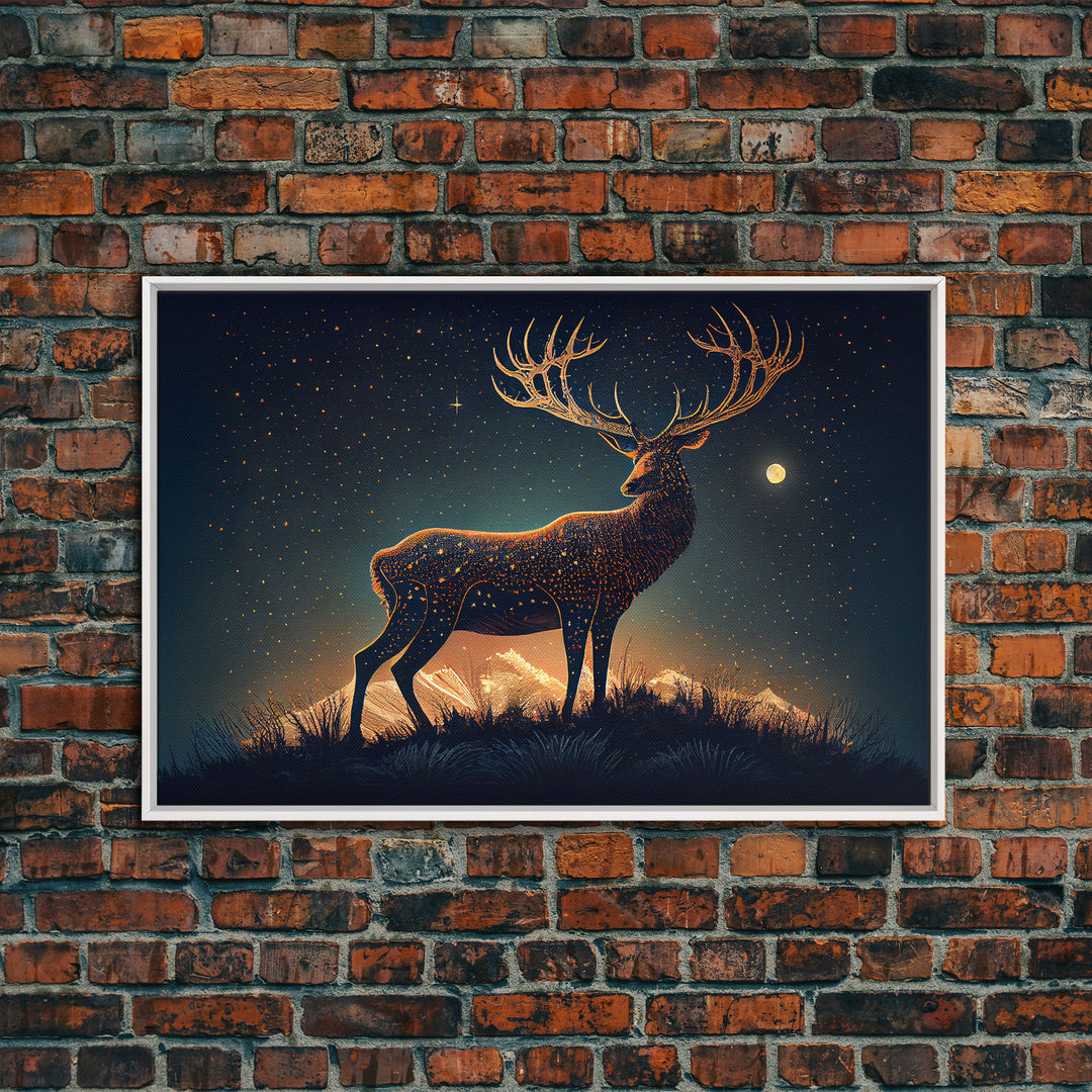 Deer made of stars, reflection stag, framed canvas print, unique wall art