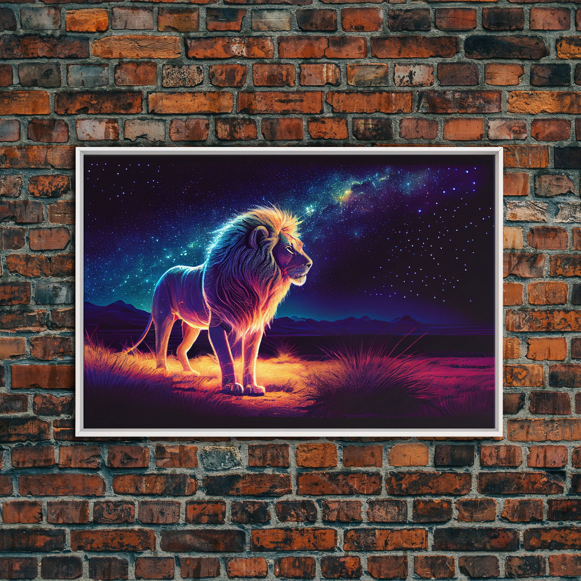 The Lion and the Universe, unique vibrant synthwave wall art, framed canvas print