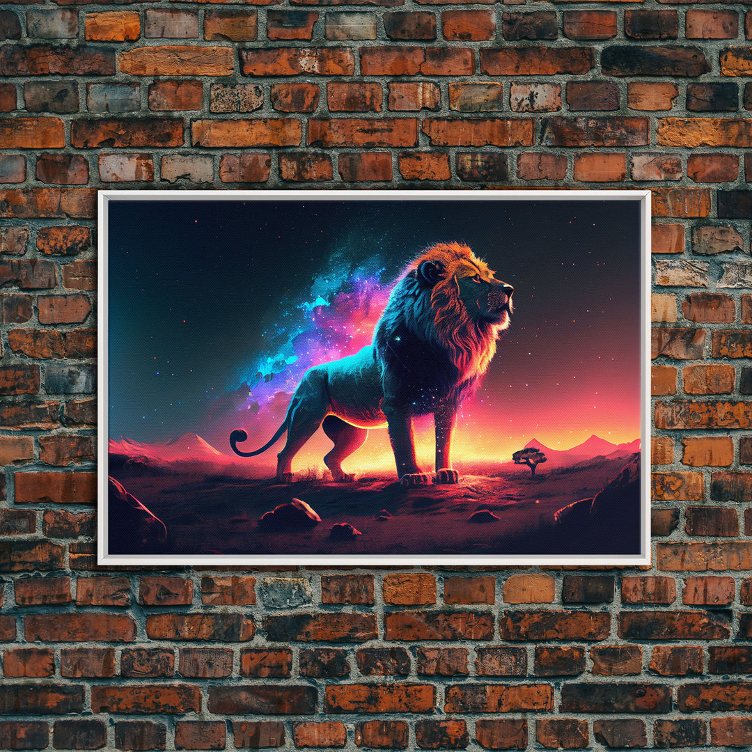 Cosmic roar watercolor, Lion staring at the stars over Africa, framed canvas print, unique vibrant wall art