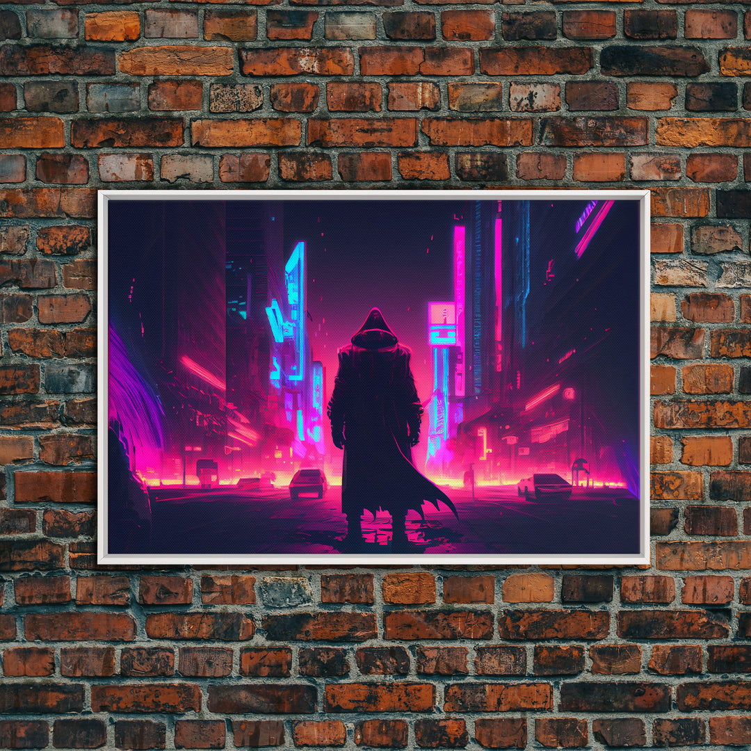 Cyberpunk City, Neon synthwave dystopian art, framed canvas print