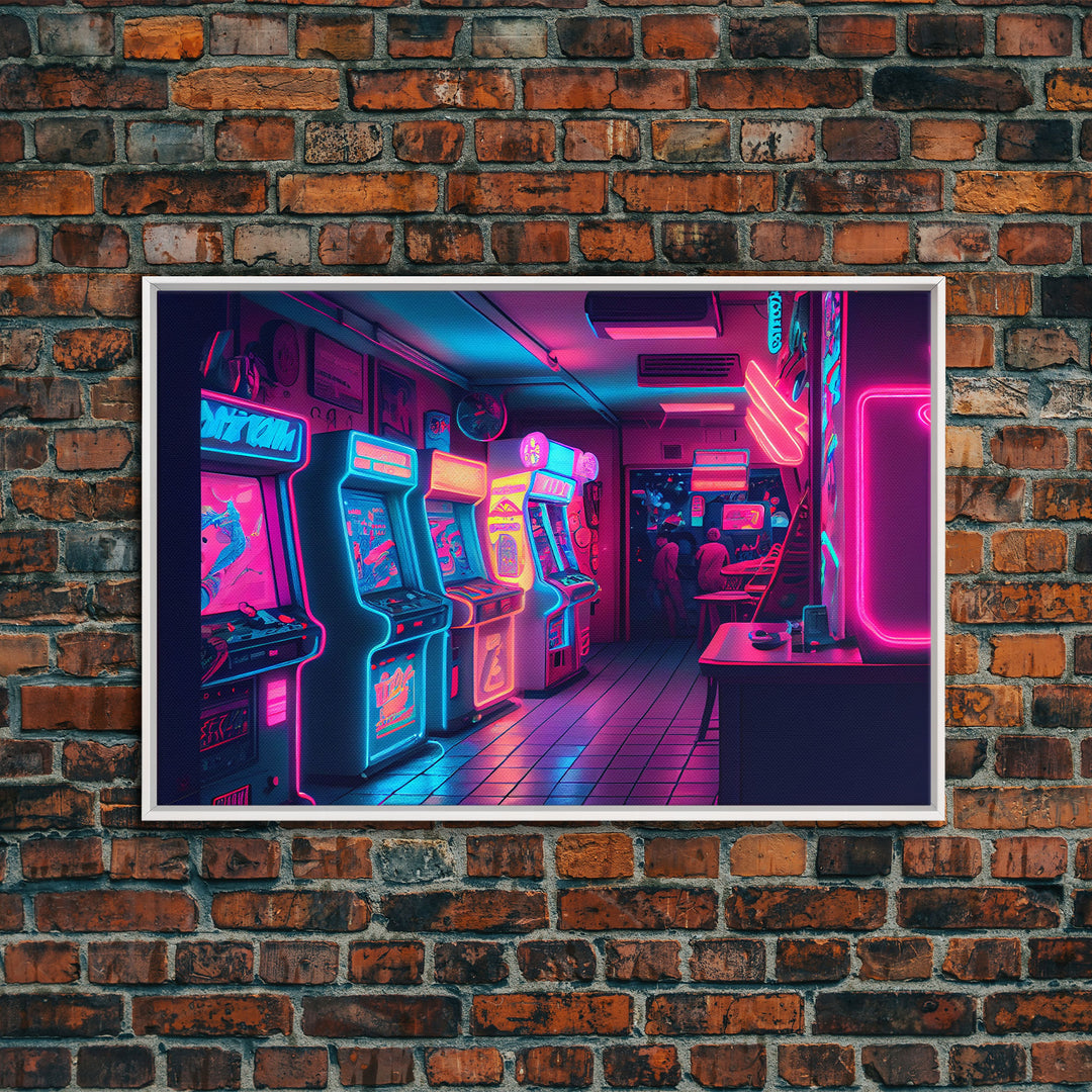 Neon Arcade, unique game room art, Retrowave arcade machine art, framed canvas print, framed wall art | Wall Art