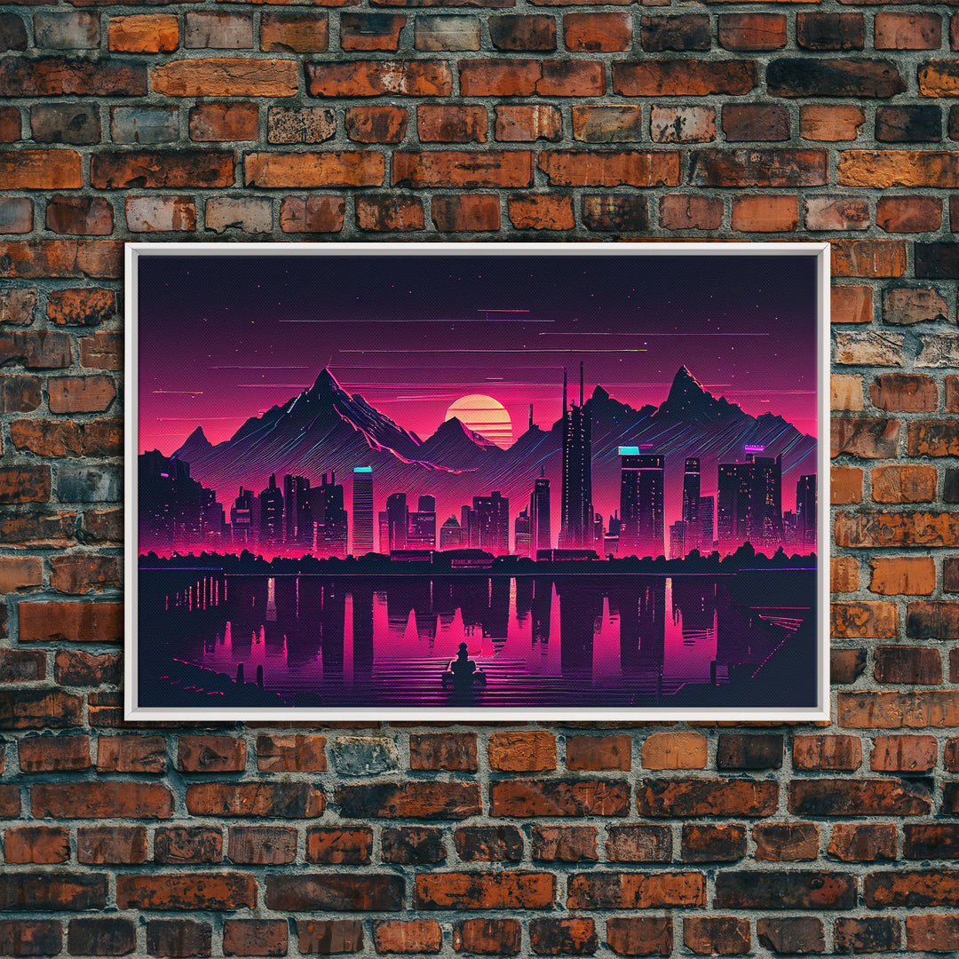 Cyberpunk Vancouver, Futuristic city skyline art, framed canvas print