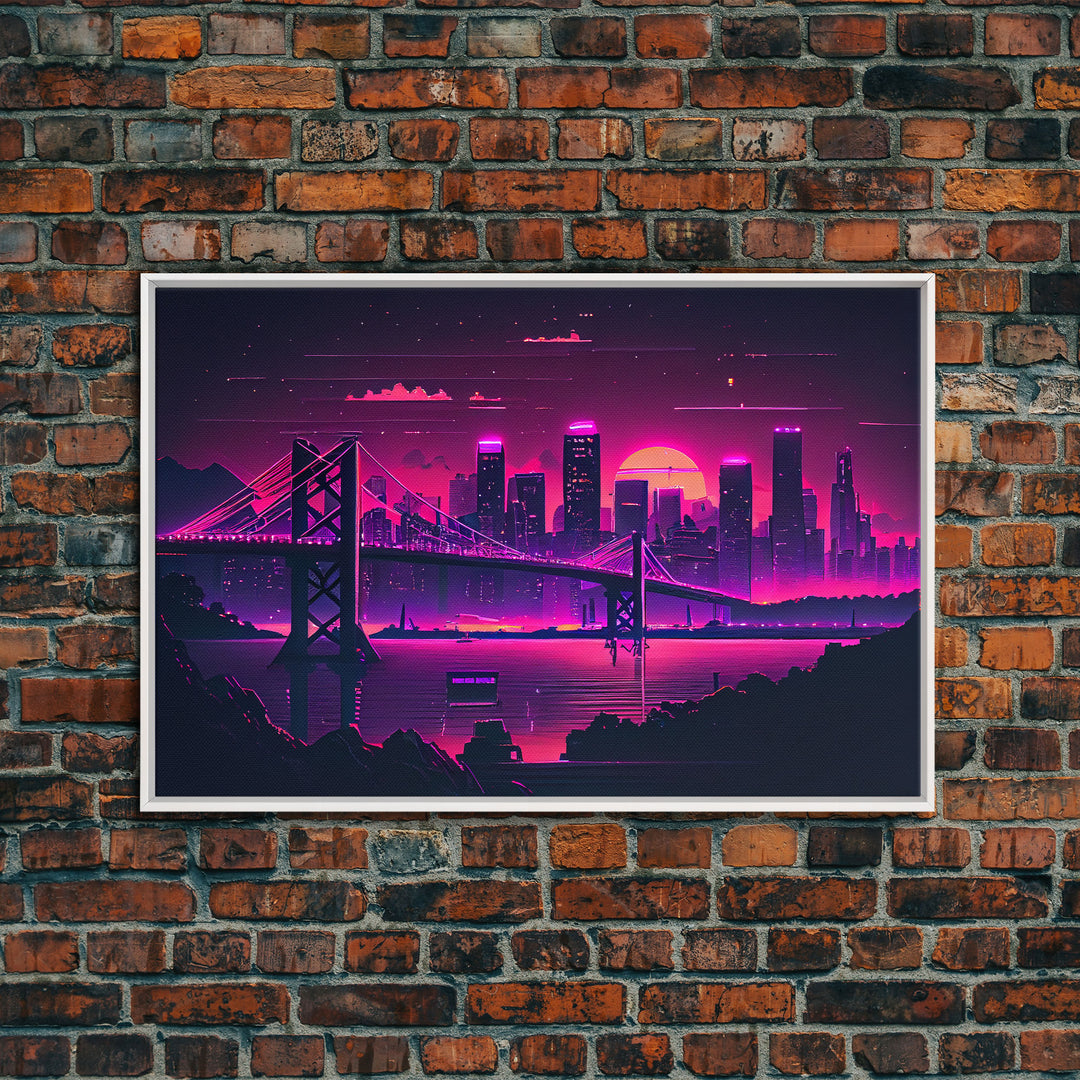 Cyberpunk San Francisco, Futuristic city skyline art, framed canvas print,  Synthwave / vaporwave cityscape decor