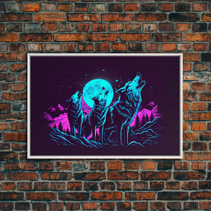 Howl at the moon - turquoise wolf pack howling at the moon, framed canvas print, vaporwave art