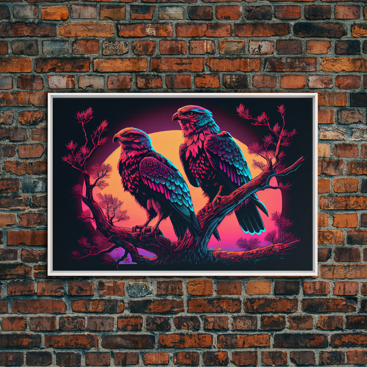 Birds of Prey at sunset, Hawks on a branch, framed canvas print