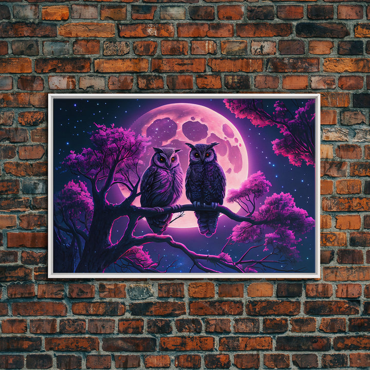 Owls at midnight, full moon and starry night sky, framed canvas print